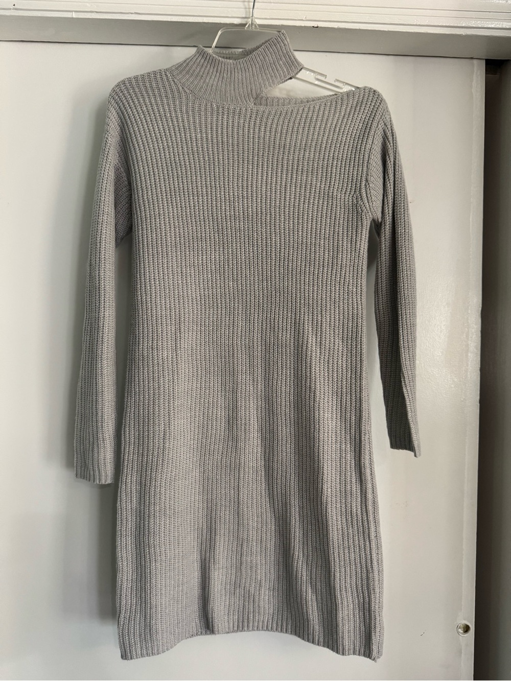 Blue orchid soft gray knit sweater dress cut out neckline